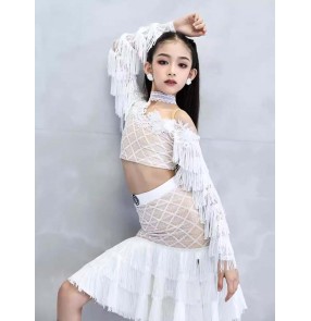 Girls kids white black lace fringe competition latin dance dresses dew shoulder salsa rumba solo ballroom dance flower costumes